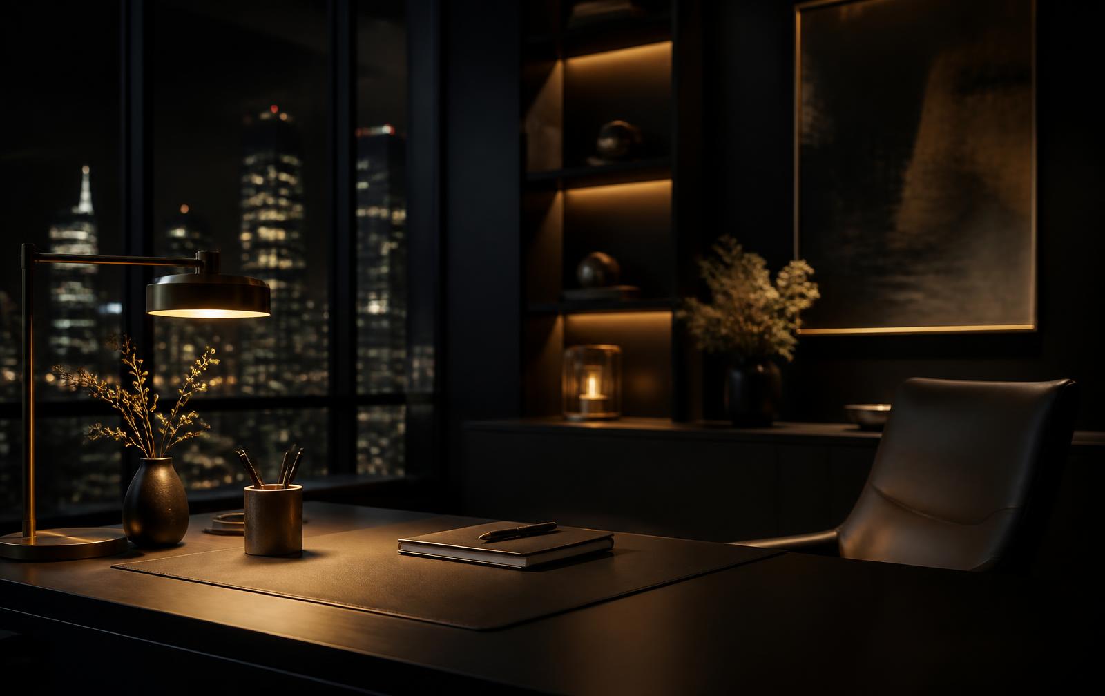 Quiet advisory office lit by warm lamplight